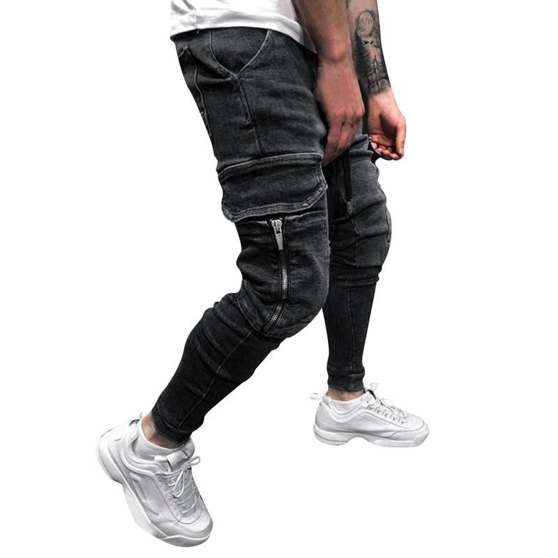 Street Elastic Jeans Men Denim Cargo Pants Wash Solid Color Multi Pockets Casual Mid Waist Trousers Slim Fit Daily Wear Joggers