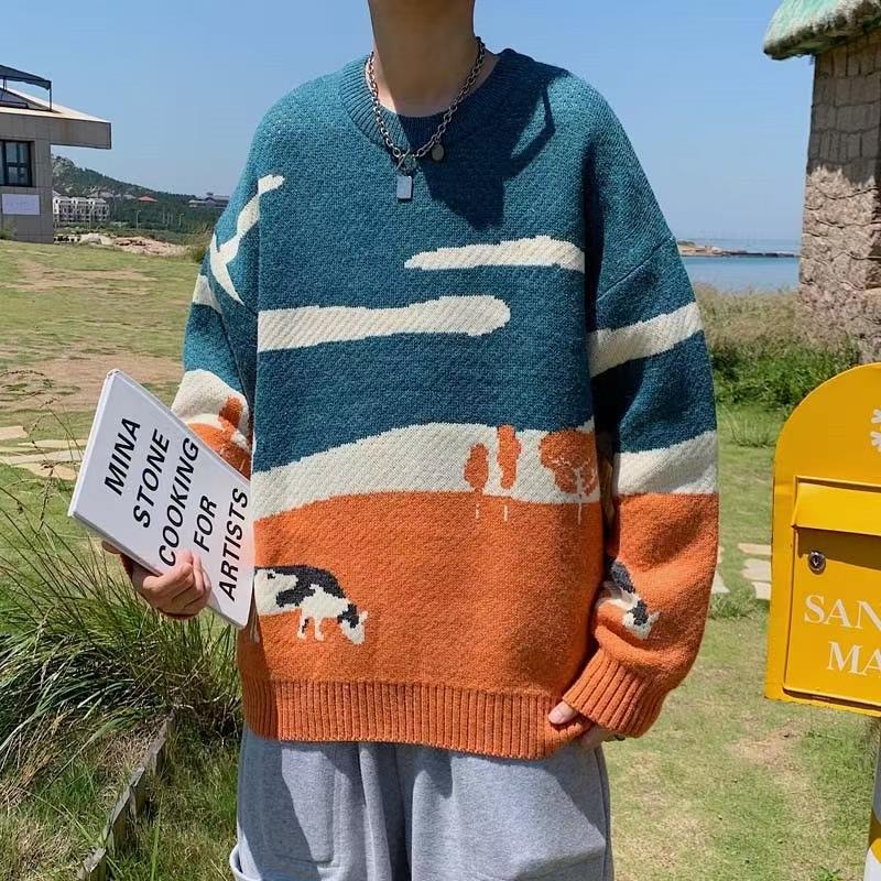 Men's Vintage Oversized Knit Pullover Sweater in Praire Style - Menswear, Knitwear