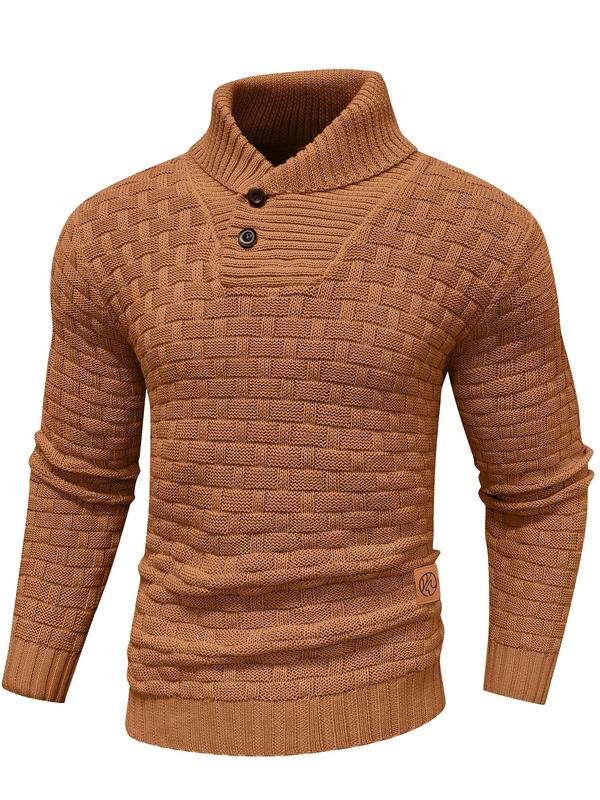 Men's Regular Textured Patched Detail Shawl Collar Sweater, Casual Long Sleeve Jumper for Fall & Winter, Fashion Men's Knitwear for Daily Wear