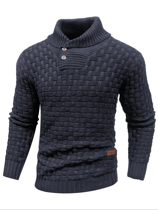 Men's Regular Textured Patched Detail Shawl Collar Sweater, Casual Long Sleeve Jumper for Fall & Winter, Fashion Men's Knitwear for Daily Wear