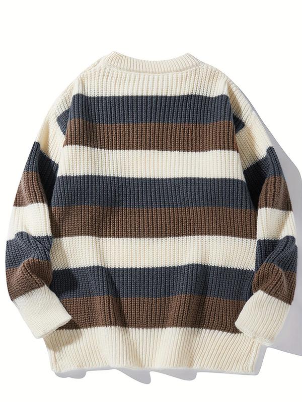 Men's Colorblock Striped Print Round Neck Pullover Sweater, Fall Sweaters, Casual Long Sleeve Crew Neck Jumper for Fall & Winter, Fashion Cozy Chic Men's Knitwear for Daily Wear