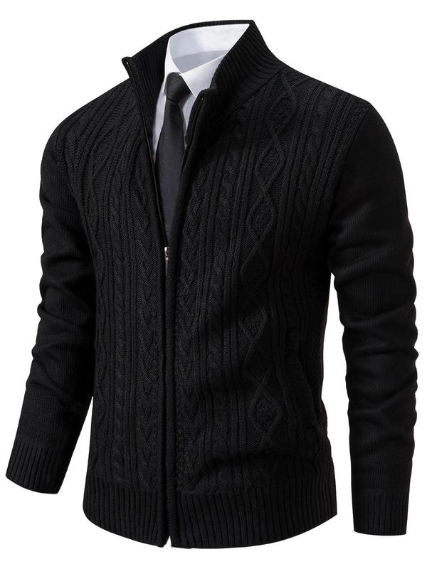 Men's Textured Zipper Stand Collar Cardigan, Regular Fit Casual Long Sleeve Knitwear for Fall & Winter, Men's Knit Clothing for Daily Wear