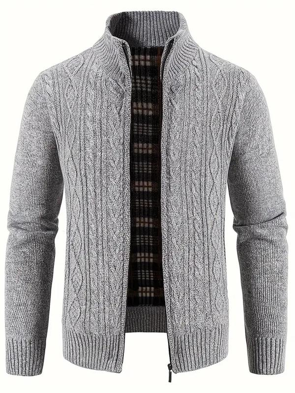 Men's Textured Zipper Stand Collar Cardigan, Regular Fit Casual Long Sleeve Knitwear for Fall & Winter, Men's Knit Clothing for Daily Wear