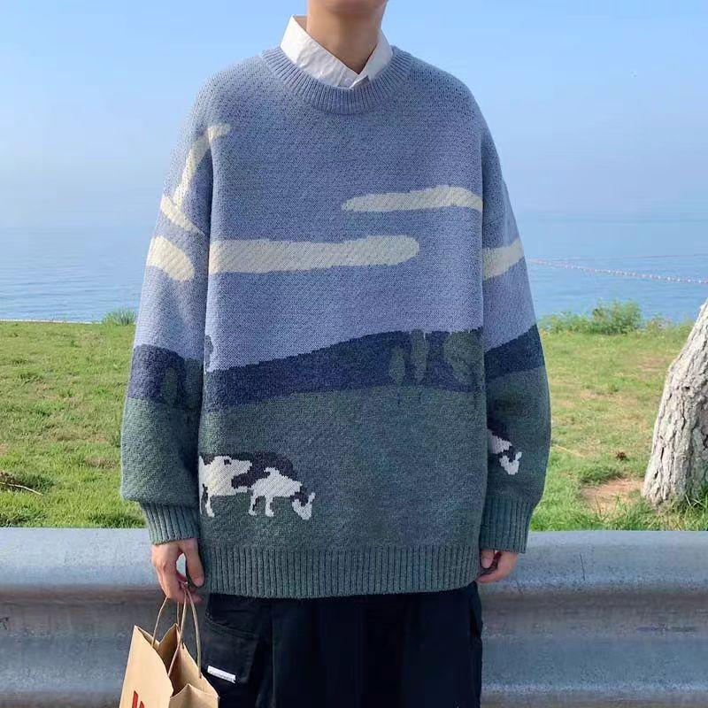 Men's Vintage Oversized Knit Pullover Sweater in Praire Style - Menswear, Knitwear