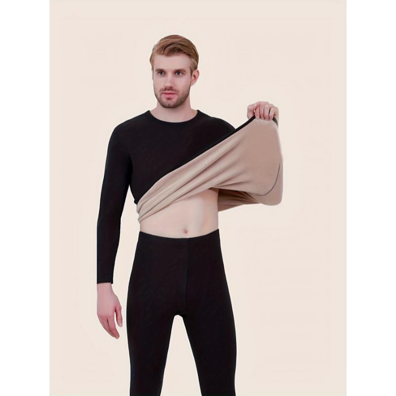 Men's Winter Thermal Underwear Set - Fleece-Lined, Long Sleeve Crew Neck Top & Pants for Ultimate Warmth