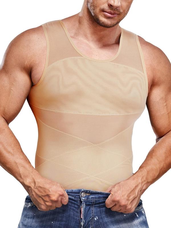 LGBTQ+ Men's Basic Contrast Mesh Round Neck Shapewear Tank Top, Casual Tummy Control Compression Shirt, Compression Vest for Men, Shapewear Tummy Control Fajas Para Mujer, Back to School Wear, Breathable Tank Top, Men's Body Shapewear