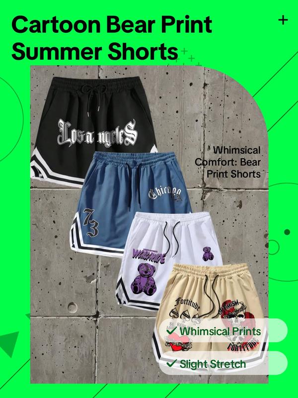 Men's Cartoon Bear & Letter Print Drawstring Waist Shorts, Regular Fit Casual Contrast Trim Pocket Straight Leg Shorts for Summer, Men's Bottoms for Daily Wear