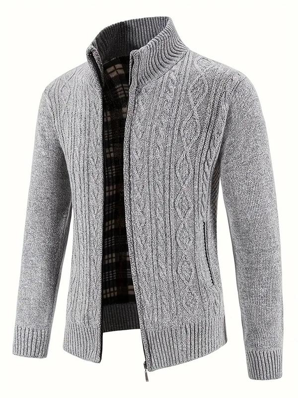 Men's Textured Zipper Stand Collar Cardigan, Regular Fit Casual Long Sleeve Knitwear for Fall & Winter, Men's Knit Clothing for Daily Wear