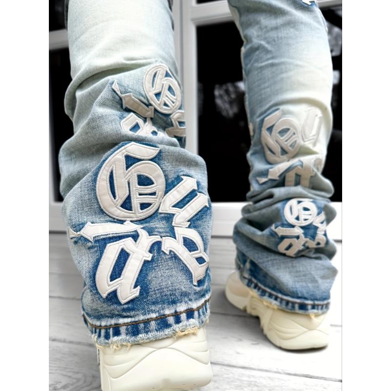 Men's Casual Letter Patchwork Skinny Jeans, Vintage Style Ripped Denim Pants Menswear Polyester