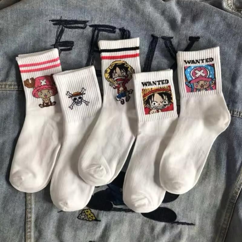 5 Pairs of One Piece Anime Printed Cotton Long Socks (White one size fits small )  Everyday Soft Cute