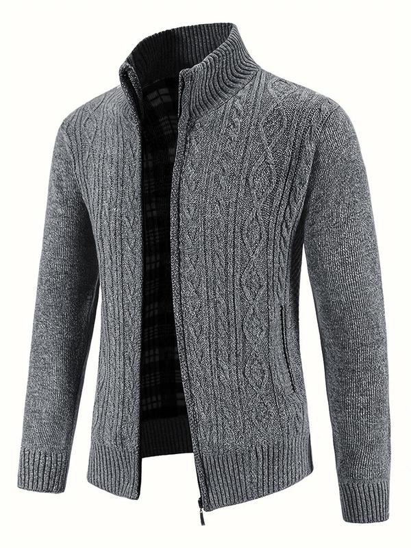 Men's Textured Zipper Stand Collar Cardigan, Regular Fit Casual Long Sleeve Knitwear for Fall & Winter, Men's Knit Clothing for Daily Wear