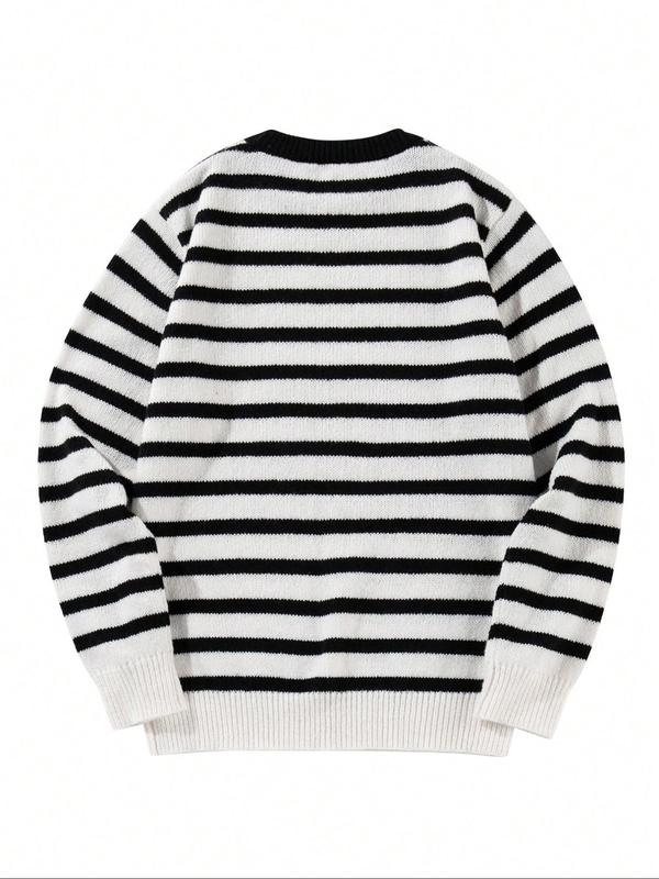 Men's Colorblock Striped Print Round Neck Sweater, Loose Casual Long Sleeve Crew Neck Jumper for Fall & Winter, Fashion Men's Knitwear for Daily Wear