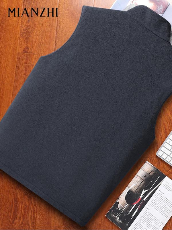 Men's Solid Pocket Zipper Warm Waistcoat, Regular Fit Casual Stand Collar Sleeveless Outerwear for Spring & Fall, Men's Clothes for Daily Wear