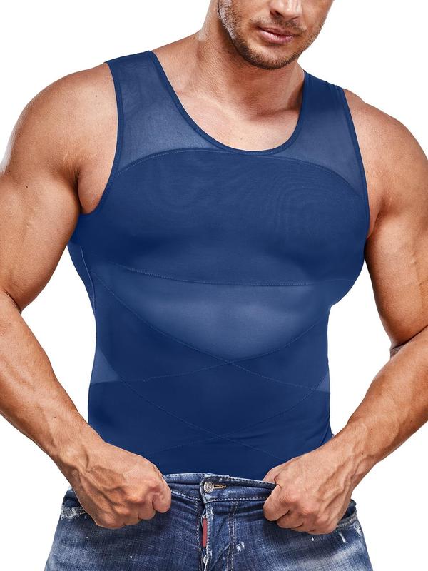 LGBTQ+ Men's Basic Contrast Mesh Round Neck Shapewear Tank Top, Casual Tummy Control Compression Shirt, Compression Vest for Men, Shapewear Tummy Control Fajas Para Mujer, Back to School Wear, Breathable Tank Top, Men's Body Shapewear