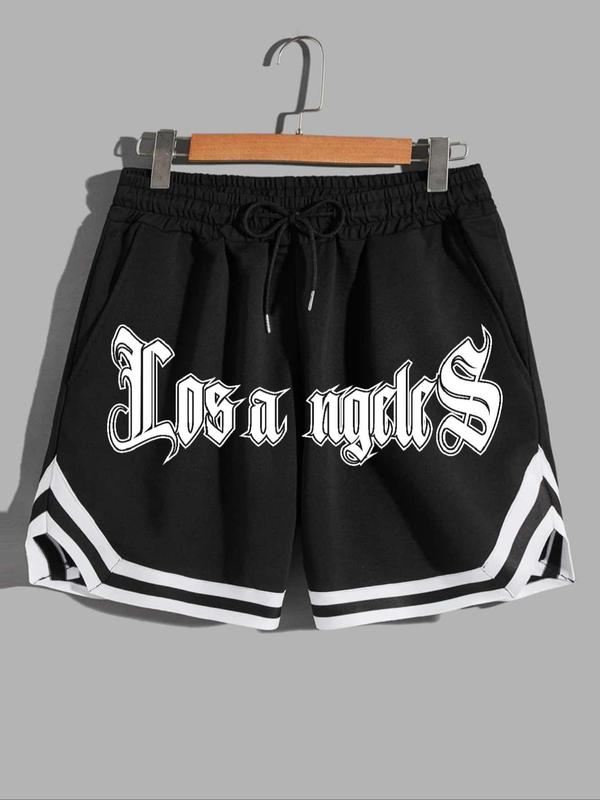 Men's Letter & Stripe Print Drawstring Split Shorts, Regular Fit Casual Pocket Elastic Waist Shorts for Summer, Streetwear, Fashion Men's Bottoms for Daily Wear