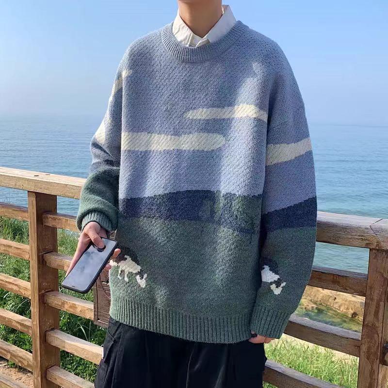 Men's Vintage Oversized Knit Pullover Sweater in Praire Style - Menswear, Knitwear