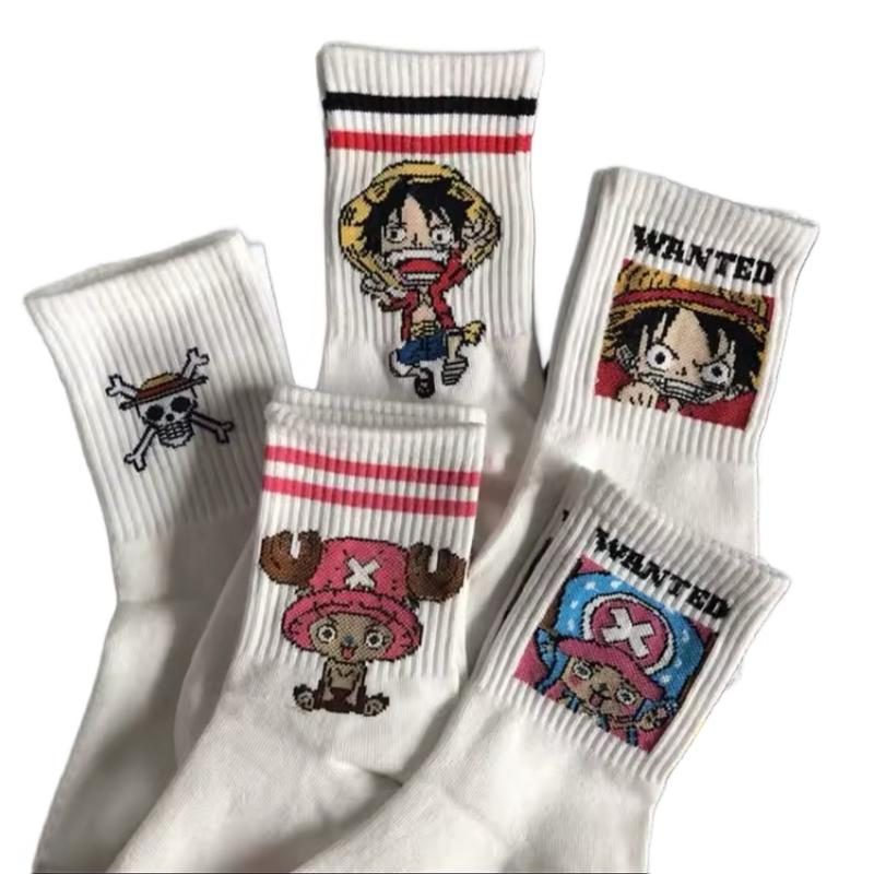 5 Pairs of One Piece Anime Printed Cotton Long Socks (White one size fits small )  Everyday Soft Cute