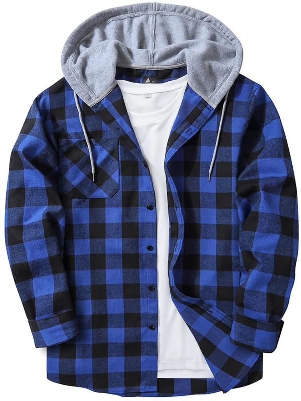 Men's Plaid Print Button Front Drawstring Hooded Shirt, Shirts for Men, Back To School Outfits, Regular Fit Street Long Sleeve Pocket Hoodie Top, Men's 2000s Shirts Streetwear, Errands Outfit, Mens Fall Shirts, Fall Outfits, Earthtone Fallfreshness