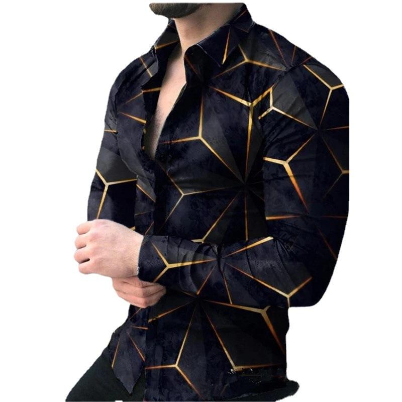 Foreign Trade Men's 3D Printed Fashion Geometry Pattern Pattern Shirt AliExpress Independent Stand Long Sleeve Lapel Button Men's Shirt