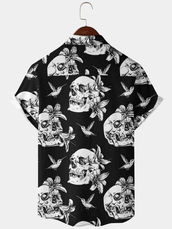 Men's Regular Fit Skull Graphic Print Button Front Shirt, Punk Short Sleeve Collar Shirt, Casual Summer Top for Men