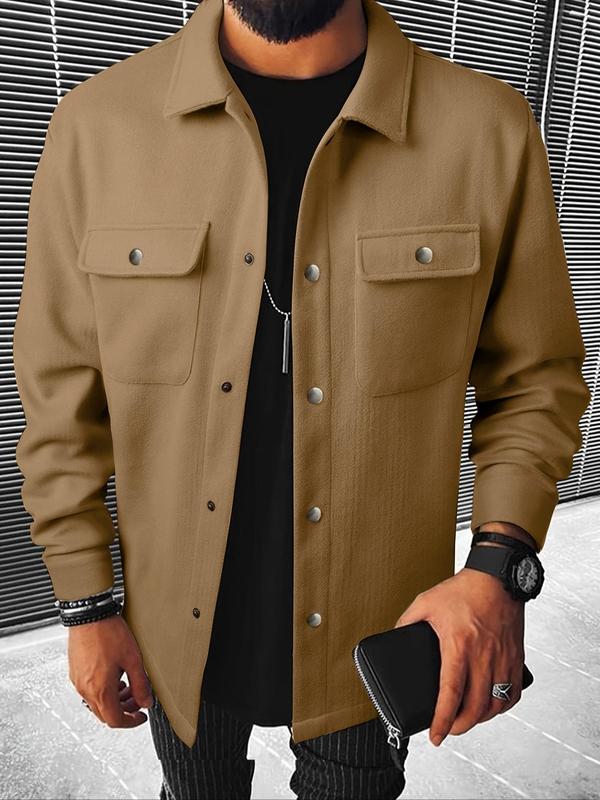 Men's Solid Button Front Pocket  Jacket, Regular Fit Casual Long Sleeve Collared Outerwear for Daily Wear, Men's Clothes for All Seasons