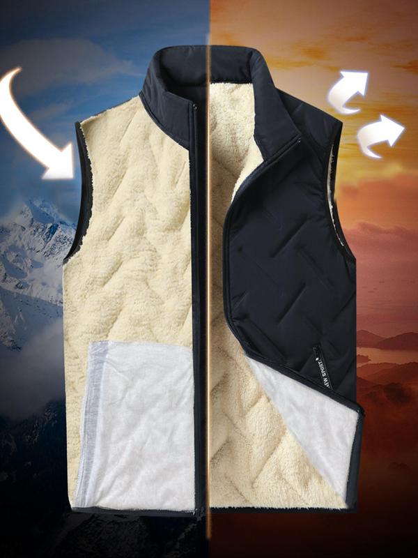 Men's Solid Zip Up Pocket Thermal Lined Gilet, Regular Fit Casual Sleeveless Outerwear for Fall & Winter, Men's Clothes for Daily Wear