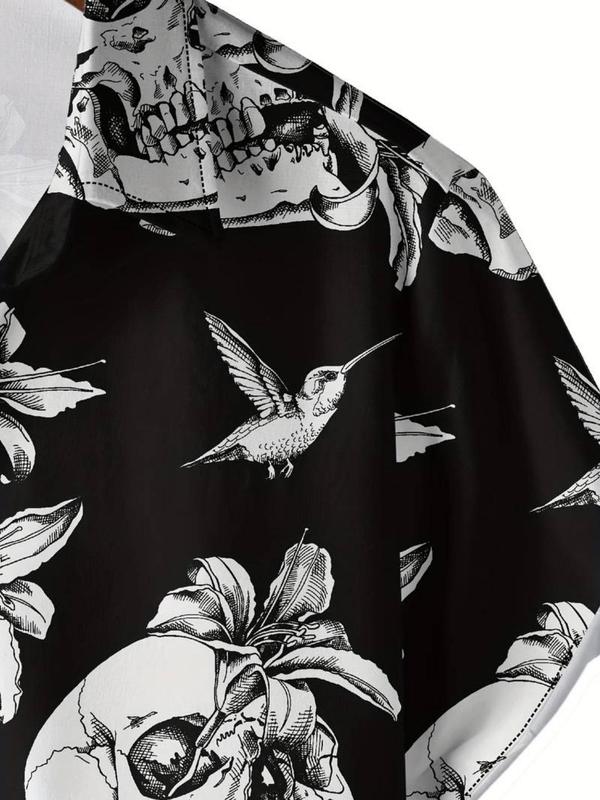 Men's Regular Fit Skull Graphic Print Button Front Shirt, Punk Short Sleeve Collar Shirt, Casual Summer Top for Men