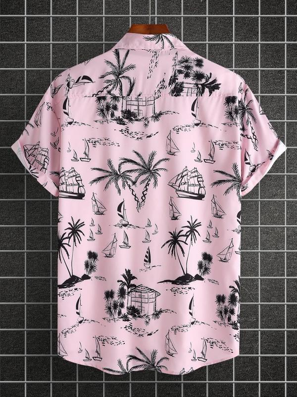 LGBTQ+ Men's Regular Fit Landscape Graphic Button Front Shirt without Tee & Necklace, Coconut Tree Print Short Sleeve Hawaiian Shirt, Casual Summer Top for Men