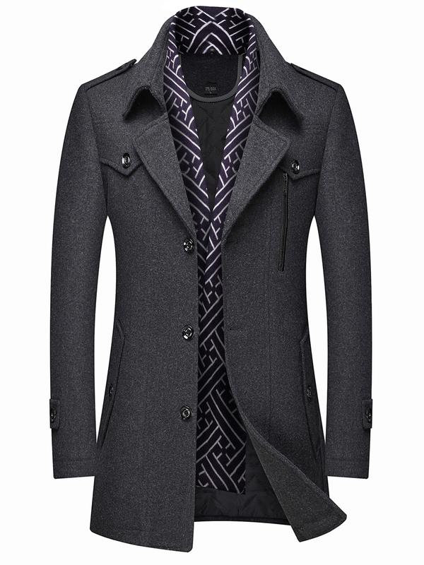 Men's Wool Blend Trench Coat with Detachable Soft Scarf Notched Collar Single Breasted Pea Coat Overcoat