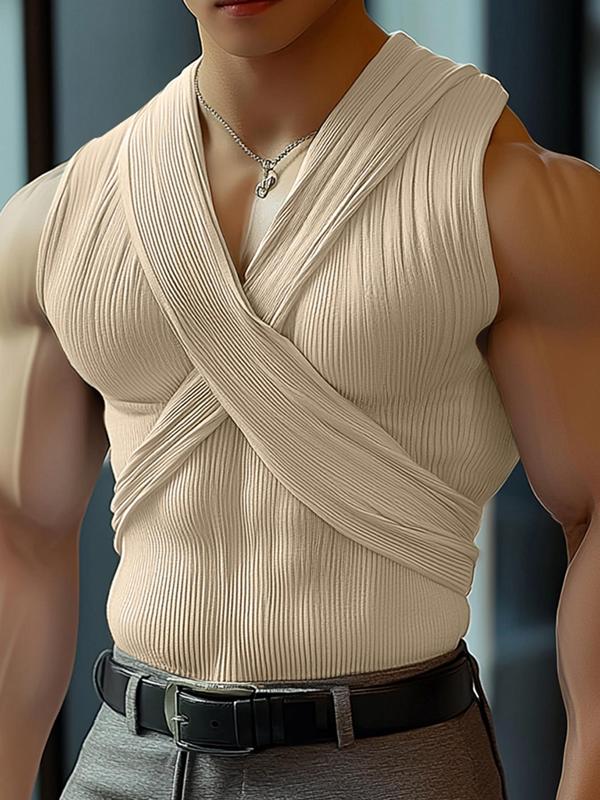 Men's Solid Textured Criss Cross V Neck Vest, Casual Sleeveless Top for Summer, Men's Clothes for Daily Wear