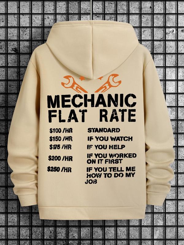 Men's Mechanic Flat Rate Hoodie, Regular Fit Casual Letter Print Pocket Drop Shoulder Long Sleeve Hooded Sweatshirt, Men's Spring & Fall Clothes