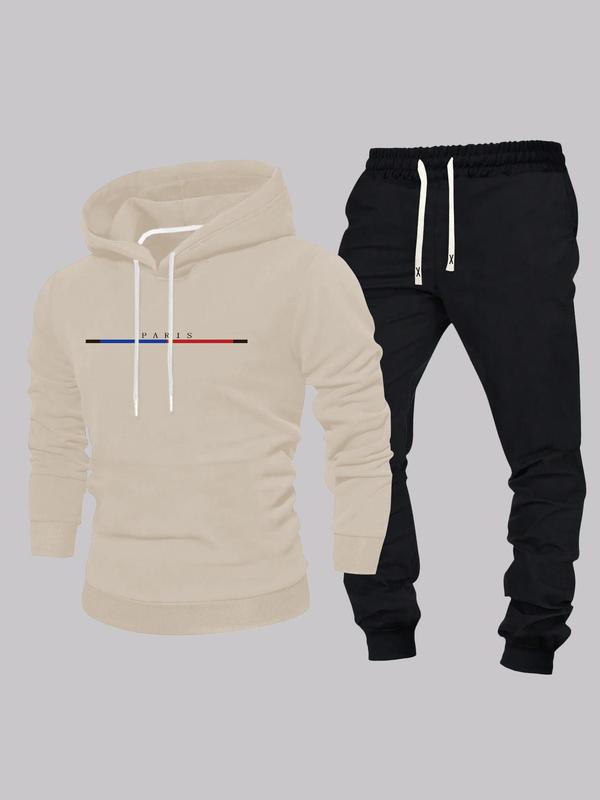 Men's Letter Print Hoodie & Drawstring Waist Pants Two-piece Set, Regular Fit Casual Long Sleeve Sweatshirt & Pocket Trousers, Men's Fall & Winter Clothes