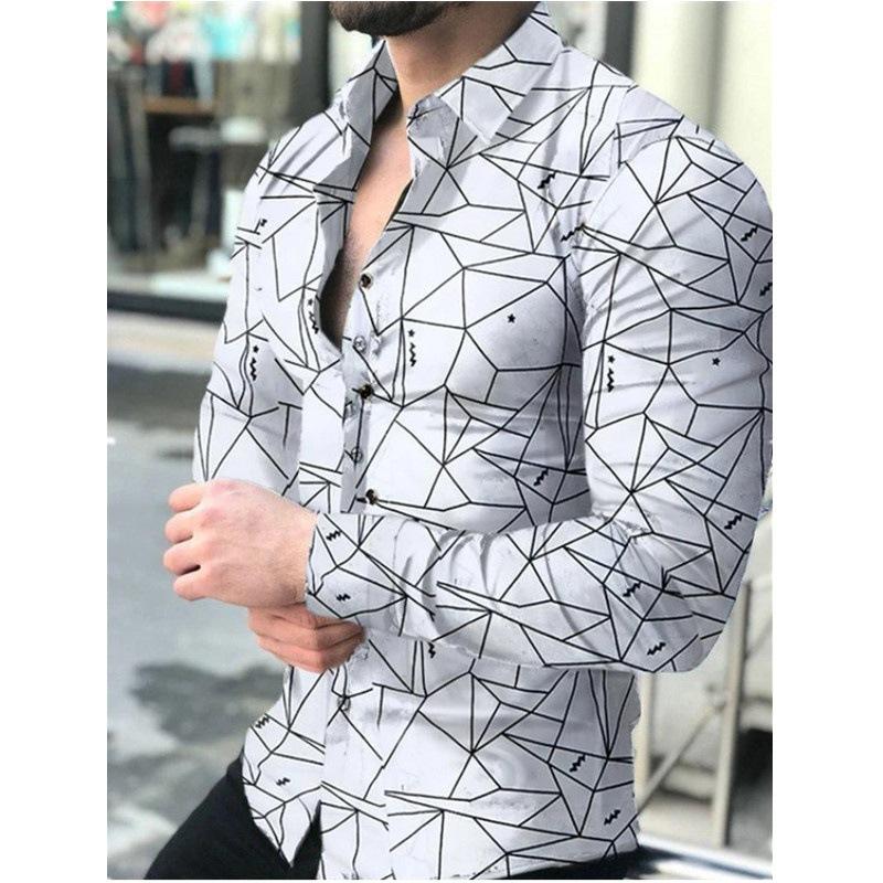 Foreign Trade Men's 3D Printed Fashion Geometry Pattern Pattern Shirt AliExpress Independent Stand Long Sleeve Lapel Button Men's Shirt