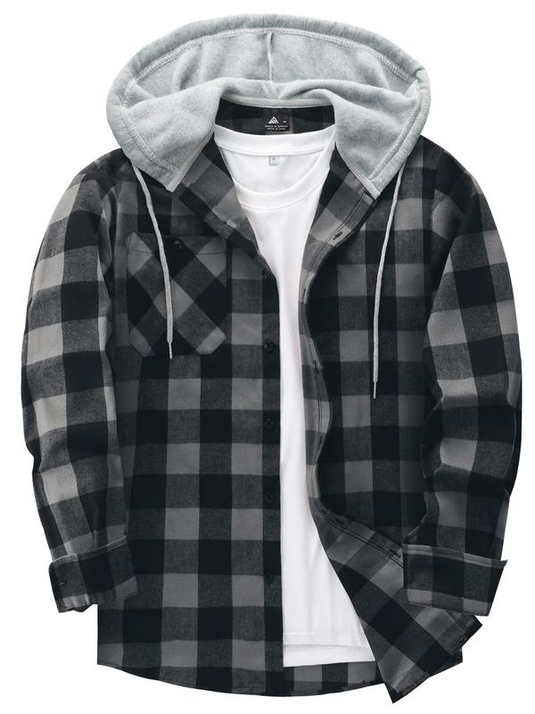 Men's Plaid Print Button Front Drawstring Hooded Shirt, Shirts for Men, Back To School Outfits, Regular Fit Street Long Sleeve Pocket Hoodie Top, Men's 2000s Shirts Streetwear, Errands Outfit, Mens Fall Shirts, Fall Outfits, Earthtone Fallfreshness