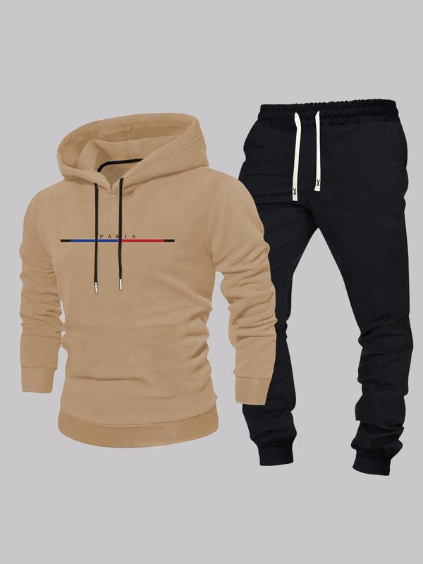 Men's Letter Print Hoodie & Drawstring Waist Pants Two-piece Set, Regular Fit Casual Long Sleeve Sweatshirt & Pocket Trousers, Men's Fall & Winter Clothes