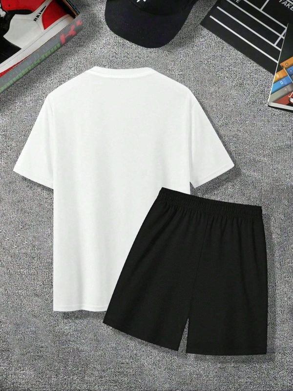 Men's Letter Print Drop Shoulder Tee & Drawstring Waist Shorts Two-piece Set, Regular Fit Casual Round Neck Half Sleeve T-shirt & Pocket Shorts for Daily Outdoor Wear, Men Two-piece Outfits for Summer