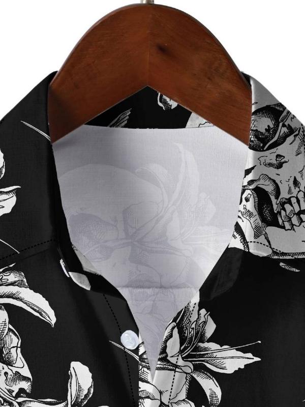 Men's Regular Fit Skull Graphic Print Button Front Shirt, Punk Short Sleeve Collar Shirt, Casual Summer Top for Men