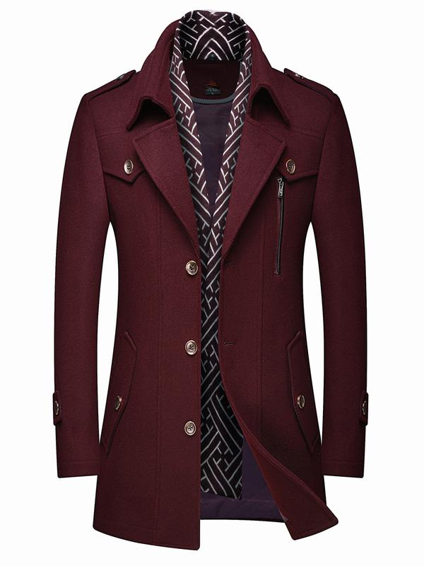 Men's Wool Blend Trench Coat with Detachable Soft Scarf Notched Collar Single Breasted Pea Coat Overcoat