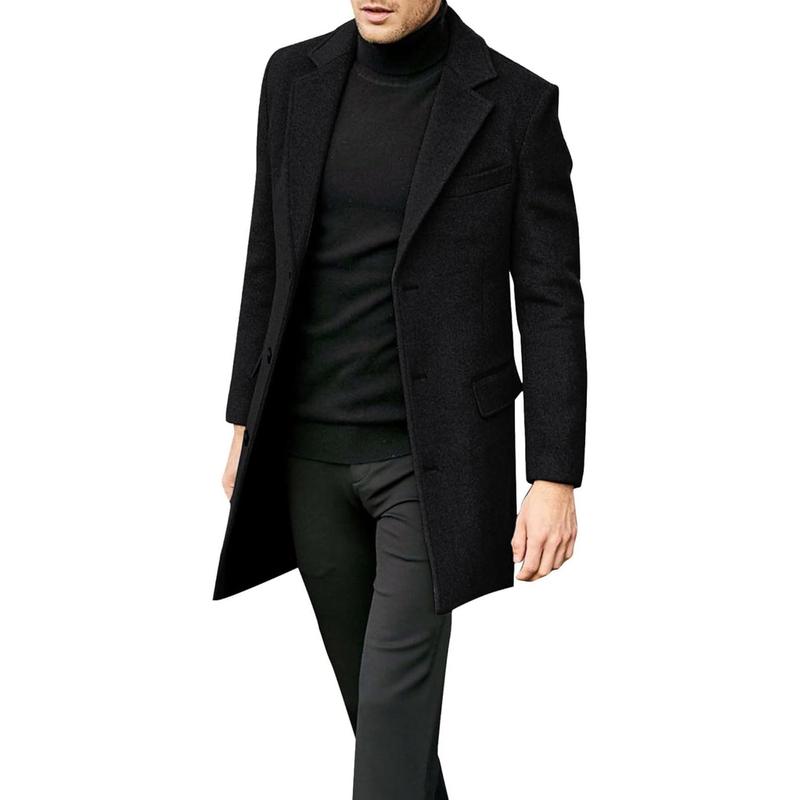 Runcati Mens Single Breasted Trench Coat Winter Pea Coat Notch Lapel Long Casual Overcoat