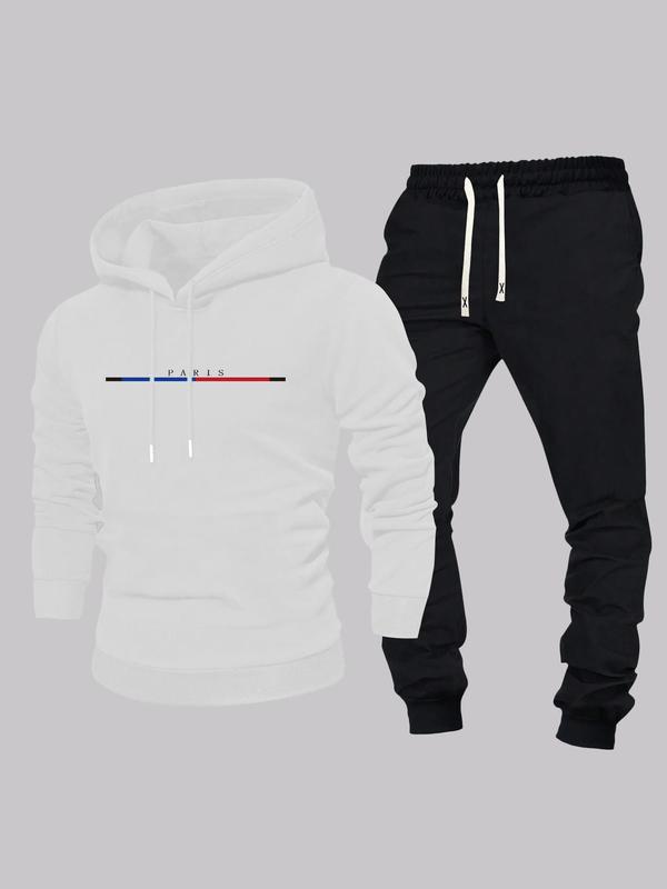 Men's Letter Print Hoodie & Drawstring Waist Pants Two-piece Set, Regular Fit Casual Long Sleeve Sweatshirt & Pocket Trousers, Men's Fall & Winter Clothes