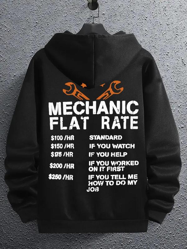 Men's Mechanic Flat Rate Hoodie, Regular Fit Casual Letter Print Pocket Drop Shoulder Long Sleeve Hooded Sweatshirt, Men's Spring & Fall Clothes