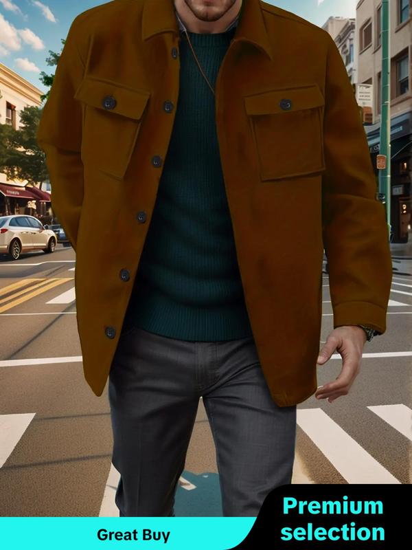  Solid Button Front Pocket Jacket, Loose Casual Long Sleeve Collared Outerwear for Spring & Fall, Jackets for Men 2024, Men's Clothes for Daily Wear