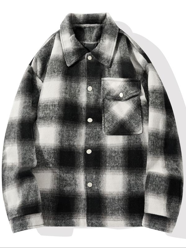 Men's Plaid Print Button Front Flap Pocket Jacket, Loose Casual Drop Shoulder Long Sleeve Outerwear for Fall & Winter, Men's Clothes for Daily Wear