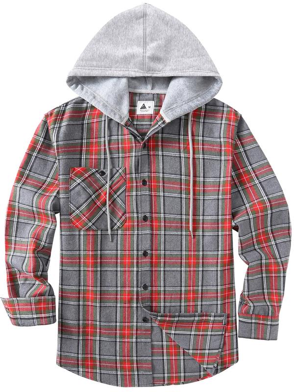 Men's Plaid Print Button Front Drawstring Hooded Shirt, Shirts for Men, Back To School Outfits, Regular Fit Street Long Sleeve Pocket Hoodie Top, Men's 2000s Shirts Streetwear, Errands Outfit, Mens Fall Shirts, Fall Outfits, Earthtone Fallfreshness