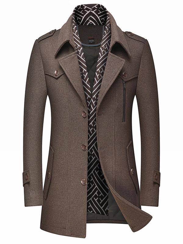 Men's Wool Blend Trench Coat with Detachable Soft Scarf Notched Collar Single Breasted Pea Coat Overcoat