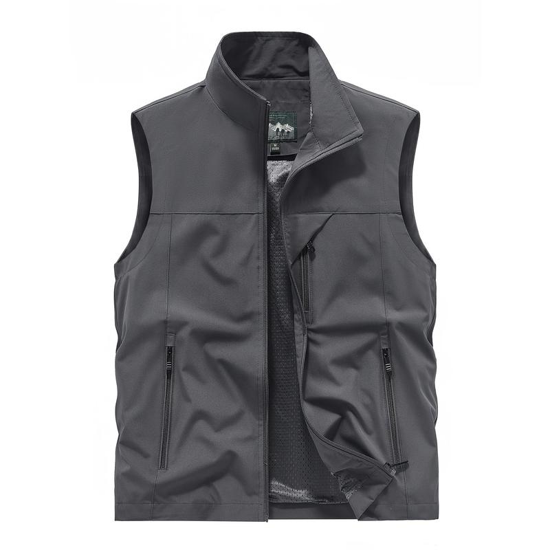 Men's Solid Color Sleeveless Jacket with Zipper Pocket, Activity Zipped Stand Collar Vest, Suitable for Spring, Summer and Autumn Outdoor Activities