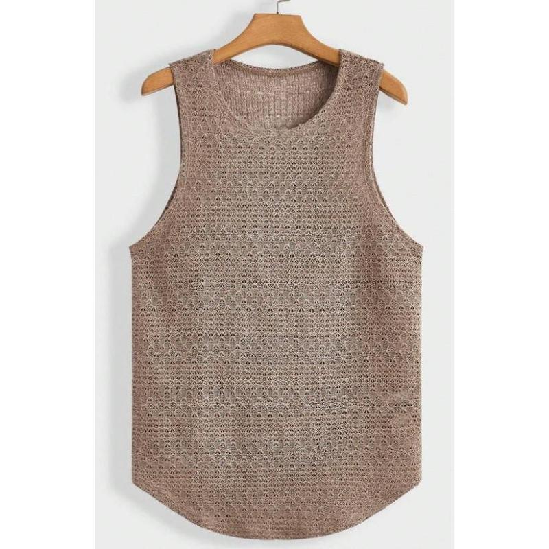 Men Knitted Casual Hollow Out Solid Color Tank Top For Summer Round Neck Fabric Menswear Sleeveless