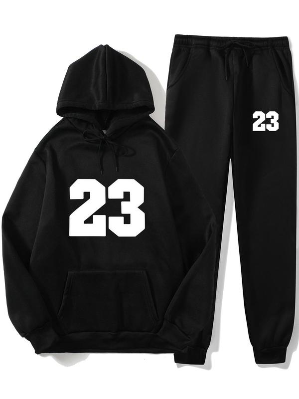 Two-piece Set Men's Number Print Drop Shoulder Thermal Lined Hoodie & Drawstring Waist Sweatpants, Casual Fashion Cozy Breathable Outfits for Daily Outdoor Wear, Men Clothes for Spring & Fall