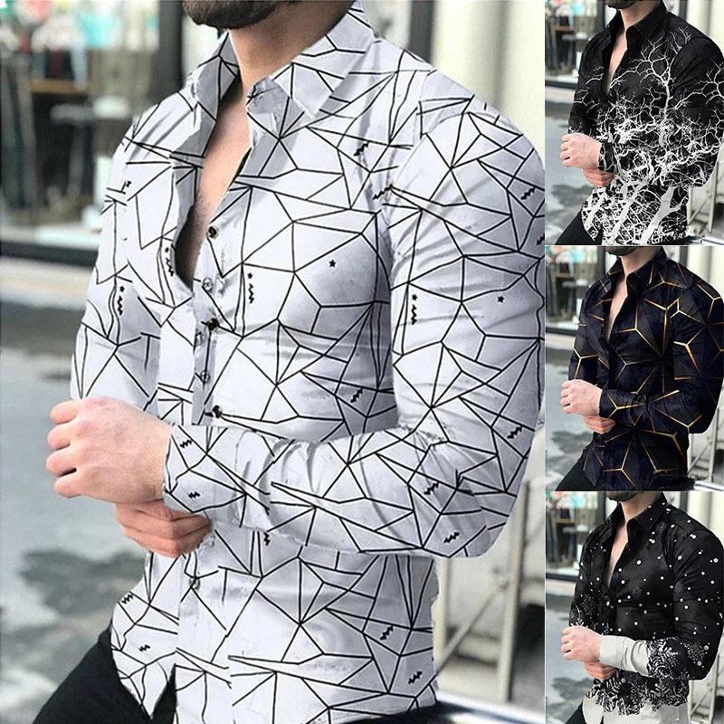 Foreign Trade Men's 3D Printed Fashion Geometry Pattern Pattern Shirt AliExpress Independent Stand Long Sleeve Lapel Button Men's Shirt