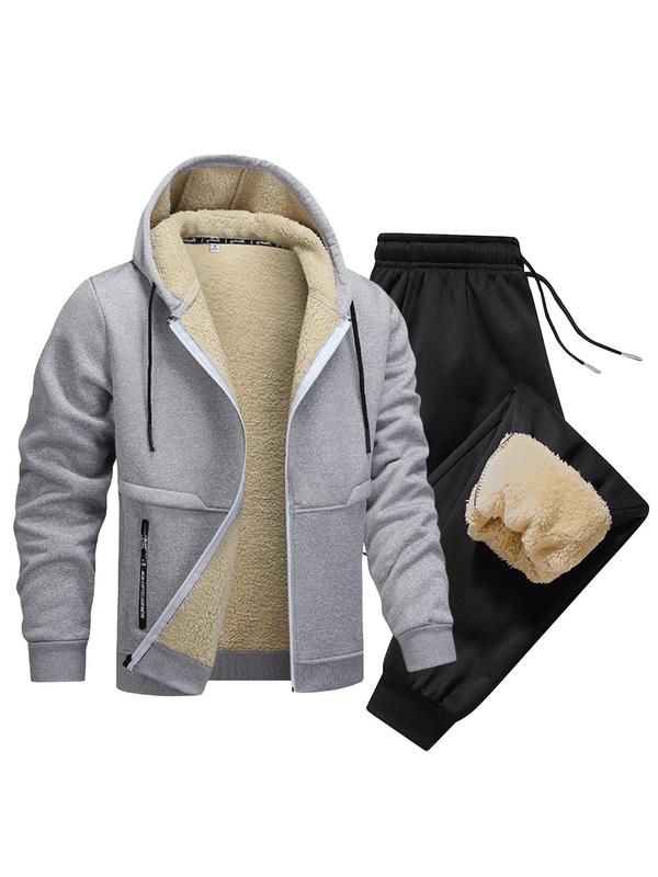 Men's Solid Zip Up Thermal  Lined Hoodie & Drawstring Waist Sweatpants Set, Casual Regular Fit Long Sleeve Hooded Sweatshirt & Elastic Waist Pocket Jogger Pants, Men's Two-piece Outfits for Fall & Winter